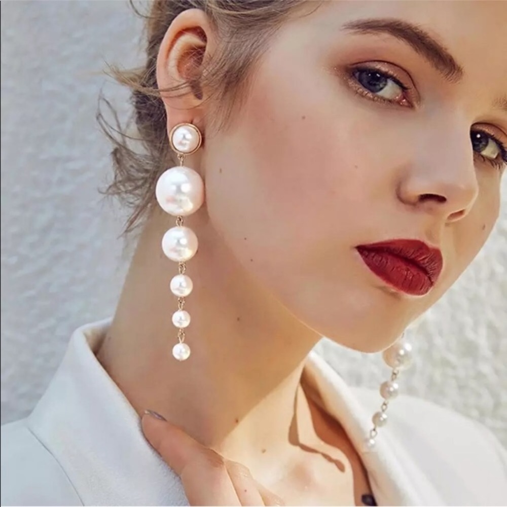 Elegant Long Drop Pearl Statement Earrings - Picture 1 of 6